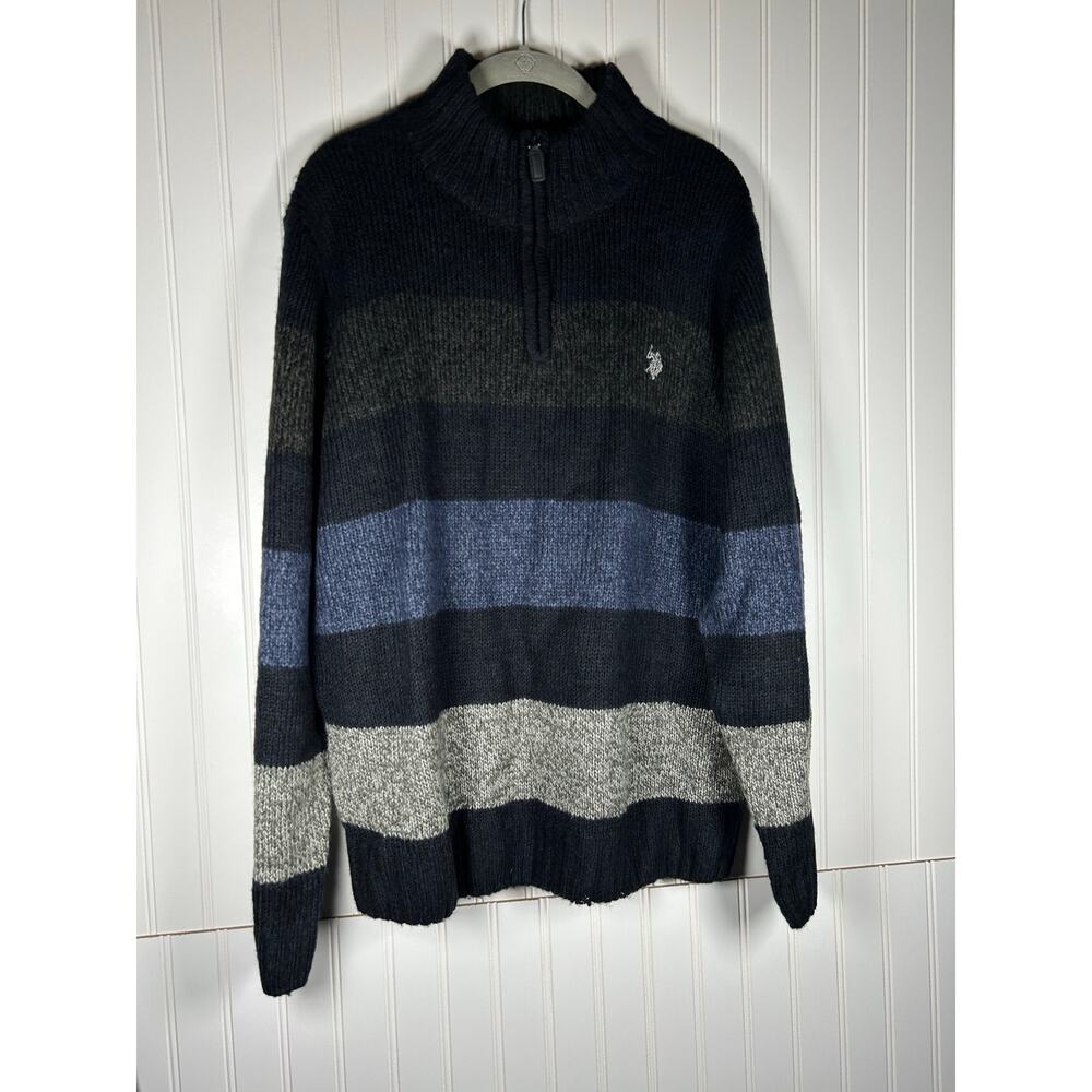US POLO ASSN BLACK GRAY STRIPED 1/4 ZIPPER LONG SLEEVE KNIT MENS SWEATER XL